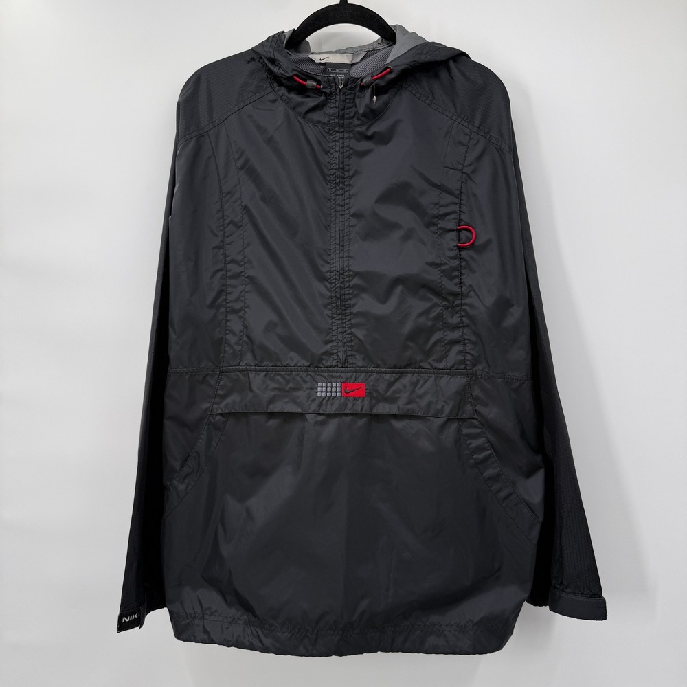 Nike Mens XL Windbreaker Jacket Black Red Half Zip Hooded Pouch Pocket